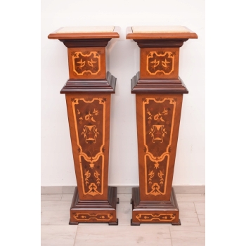 Dwa Postumenty Intarsjowane - Kolumny - Stojące Piedestały - Blat z Marmuru