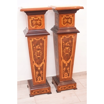 Dwa Postumenty Intarsjowane - Kolumny - Stojące Piedestały - Blat z Marmuru