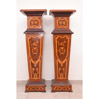 Dwa Postumenty Intarsjowane - Kolumny - Stojące Piedestały - Blat z Marmuru