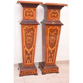 Dwa Postumenty Intarsjowane - Kolumny - Stojące Piedestały - Blat z Marmuru