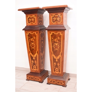 Dwa Postumenty Intarsjowane - Kolumny - Stojące Piedestały - Blat z Marmuru