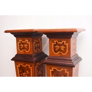 Dwa Postumenty Intarsjowane - Kolumny - Stojące Piedestały - Blat z Marmuru