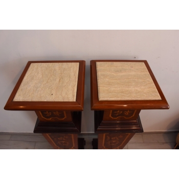 Dwa Postumenty Intarsjowane - Kolumny - Stojące Piedestały - Blat z Marmuru