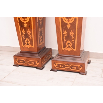 Dwa Postumenty Intarsjowane - Kolumny - Stojące Piedestały - Blat z Marmuru