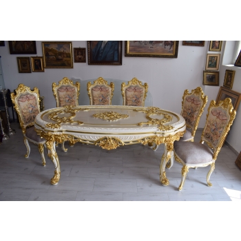 Włoski Komplet Mebli Jadalnia - Stół + 6 Krzeseł - Pałacowy Królewski