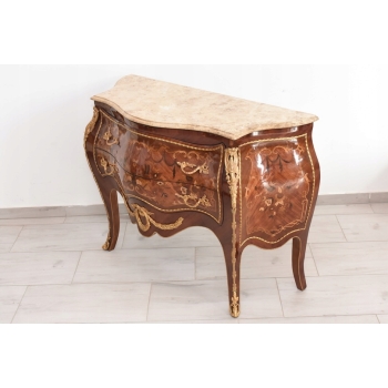 Drewniana Komoda Empire Brzuchata - Okuta Brązem Blat Biały Marmur - Szafa