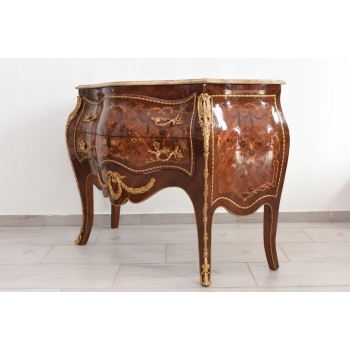 Drewniana Komoda Empire Brzuchata - Okuta Brązem Blat Biały Marmur - Szafa