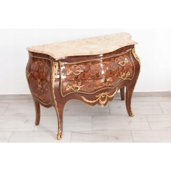 Drewniana Komoda Empire Brzuchata - Okuta Brązem Blat Biały Marmur - Szafa