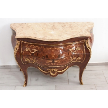 Drewniana Komoda Empire Brzuchata - Okuta Brązem Blat Biały Marmur - Szafa