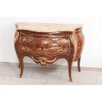 Drewniana Komoda Empire Brzuchata - Okuta Brązem Blat Biały Marmur - Szafa