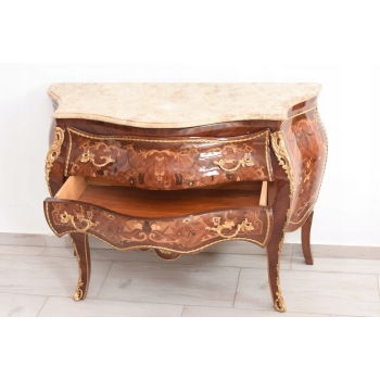 Drewniana Komoda Empire Brzuchata - Okuta Brązem Blat Biały Marmur - Szafa