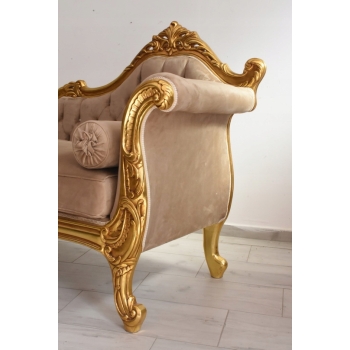 Złota Pałacowa Sofa Kanapa - Leżanka Szezlong - Drewno Welur - Styl Barok