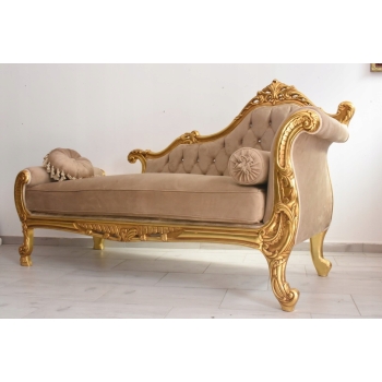 Złota Pałacowa Sofa Kanapa - Leżanka Szezlong - Drewno Welur - Styl Barok
