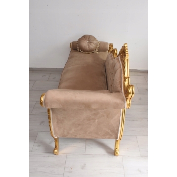 Złota Pałacowa Sofa Kanapa - Leżanka Szezlong - Drewno Welur - Styl Barok
