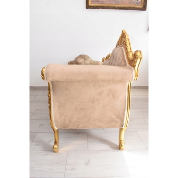 Złota Pałacowa Sofa Kanapa - Leżanka Szezlong - Drewno Welur - Styl Barok