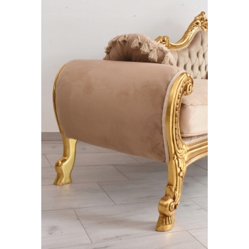 Złota Pałacowa Sofa Kanapa - Leżanka Szezlong - Drewno Welur - Styl Barok