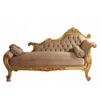 Złota Pałacowa Sofa Kanapa - Leżanka Szezlong - Drewno Welur - Styl Barok