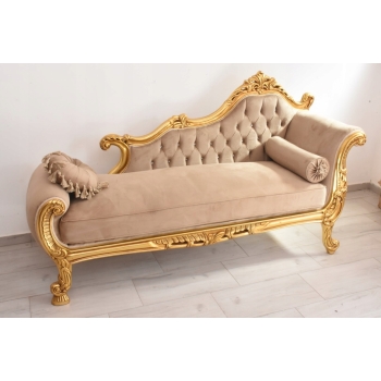 Złota Pałacowa Sofa Kanapa - Leżanka Szezlong - Drewno Welur - Styl Barok