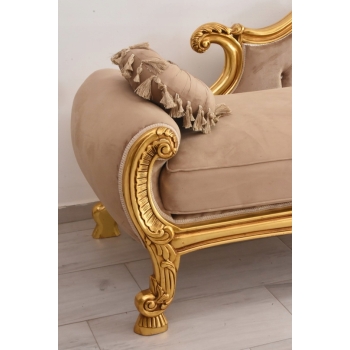 Złota Pałacowa Sofa Kanapa - Leżanka Szezlong - Drewno Welur - Styl Barok