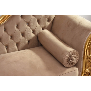 Złota Pałacowa Sofa Kanapa - Leżanka Szezlong - Drewno Welur - Styl Barok