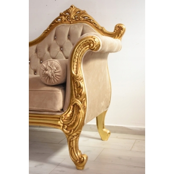 Złota Pałacowa Sofa Kanapa - Leżanka Szezlong - Drewno Welur - Styl Barok