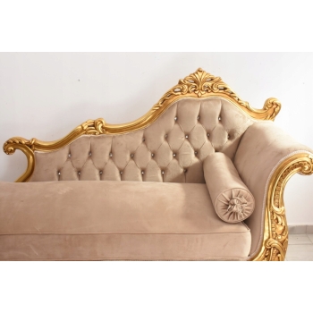 Złota Pałacowa Sofa Kanapa - Leżanka Szezlong - Drewno Welur - Styl Barok