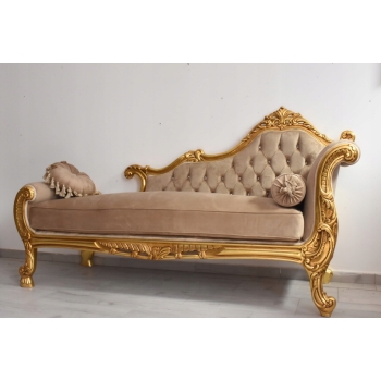 Złota Pałacowa Sofa Kanapa - Leżanka Szezlong - Drewno Welur - Styl Barok