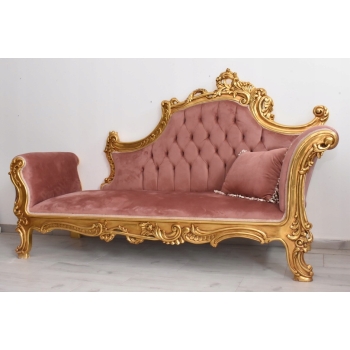 Czerwona Pałacowa Sofa Kanapa - Leżanka Szezlong - Drewno Welur Styl Barok