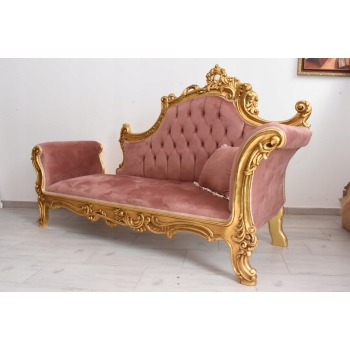 Czerwona Pałacowa Sofa Kanapa - Leżanka Szezlong - Drewno Welur Styl Barok