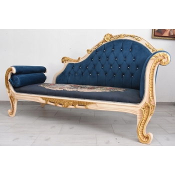 Niebieska Pałacowa Sofa Kanapa - Leżanka Szezlong - Styl Barok z Obrazkiem