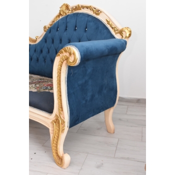 Niebieska Pałacowa Sofa Kanapa - Leżanka Szezlong - Styl Barok z Obrazkiem