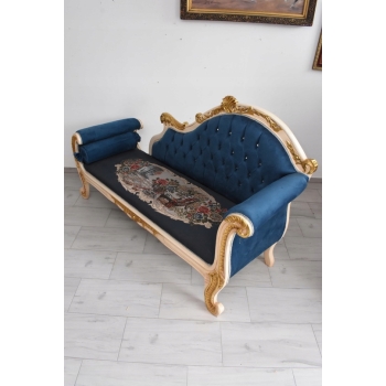Niebieska Pałacowa Sofa Kanapa - Leżanka Szezlong - Styl Barok z Obrazkiem