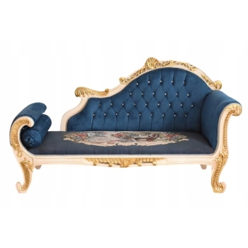 Niebieska Pałacowa Sofa Kanapa - Leżanka Szezlong - Styl Barok z Obrazkiem