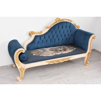 Niebieska Pałacowa Sofa Kanapa - Leżanka Szezlong - Styl Barok z Obrazkiem