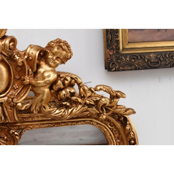 Złote Herbowe Lustro - Amory Anioły - Owal 182 x 101 cm - Francja Unikat