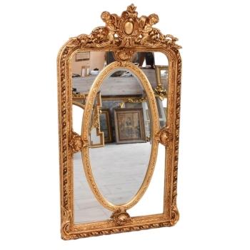 Złote Herbowe Lustro - Amory Anioły - Owal 182 x 101 cm - Francja Unikat