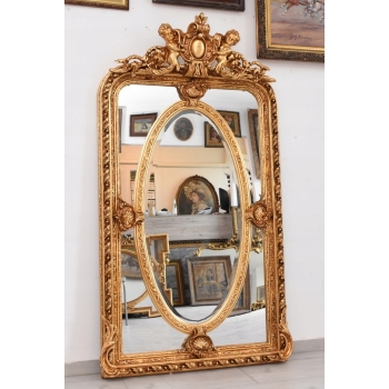 Złote Herbowe Lustro - Amory Anioły - Owal 182 x 101 cm - Francja Unikat