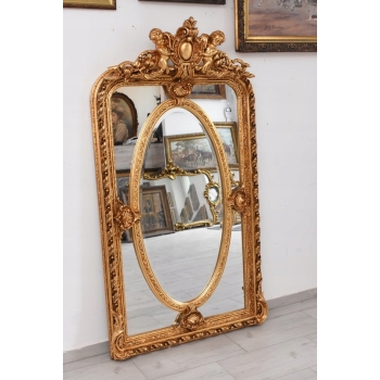 Złote Herbowe Lustro - Amory Anioły - Owal 182 x 101 cm - Francja Unikat