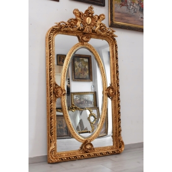 Złote Herbowe Lustro - Amory Anioły - Owal 182 x 101 cm - Francja Unikat