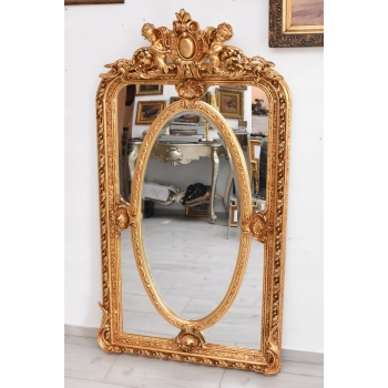 Złote Herbowe Lustro - Amory Anioły - Owal 182 x 101 cm - Francja Unikat