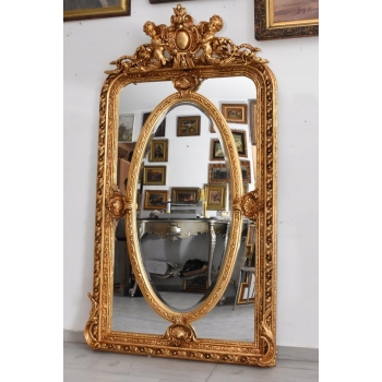 Złote Herbowe Lustro - Amory Anioły - Owal 182 x 101 cm - Francja Unikat