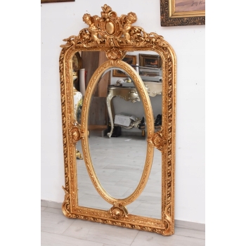 Złote Herbowe Lustro - Amory Anioły - Owal 182 x 101 cm - Francja Unikat