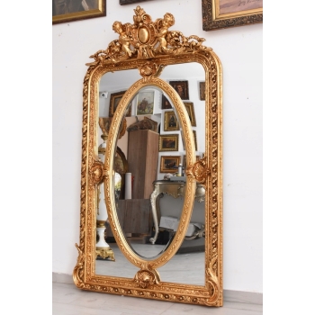 Złote Herbowe Lustro - Amory Anioły - Owal 182 x 101 cm - Francja Unikat