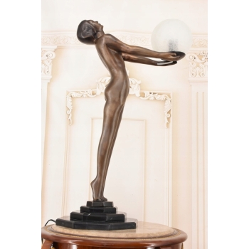 Stojąca Lampa Art Deco - Kobieta z Kulą Figura Rzeźba z Brązu Lampka Klosz