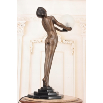 Stojąca Lampa Art Deco - Kobieta z Kulą Figura Rzeźba z Brązu Lampka Klosz