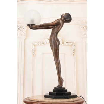 Stojąca Lampa Art Deco - Kobieta z Kulą Figura Rzeźba z Brązu Lampka Klosz