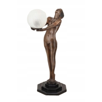 Stojąca Lampa Art Deco - Kobieta z Kulą Figura Rzeźba z Brązu Lampka Klosz