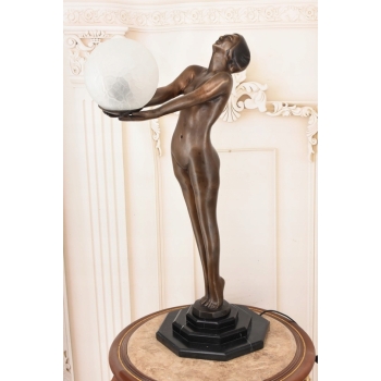 Stojąca Lampa Art Deco - Kobieta z Kulą Figura Rzeźba z Brązu Lampka Klosz