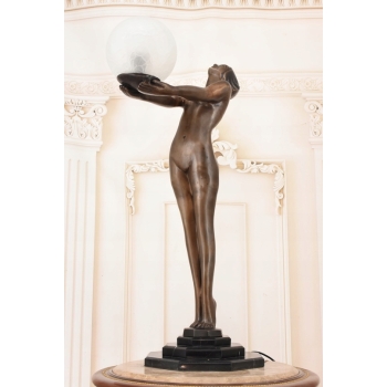 Stojąca Lampa Art Deco - Kobieta z Kulą Figura Rzeźba z Brązu Lampka Klosz