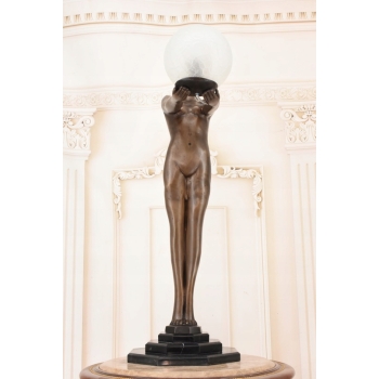 Stojąca Lampa Art Deco - Kobieta z Kulą Figura Rzeźba z Brązu Lampka Klosz